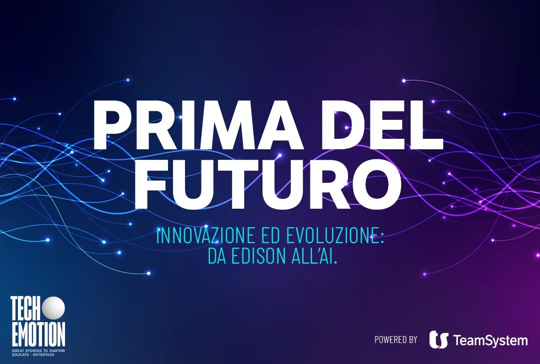Copertina con il titolo del podcast "Prima del Futuro: Innovazione ed evoluzione da Edison all'AI"